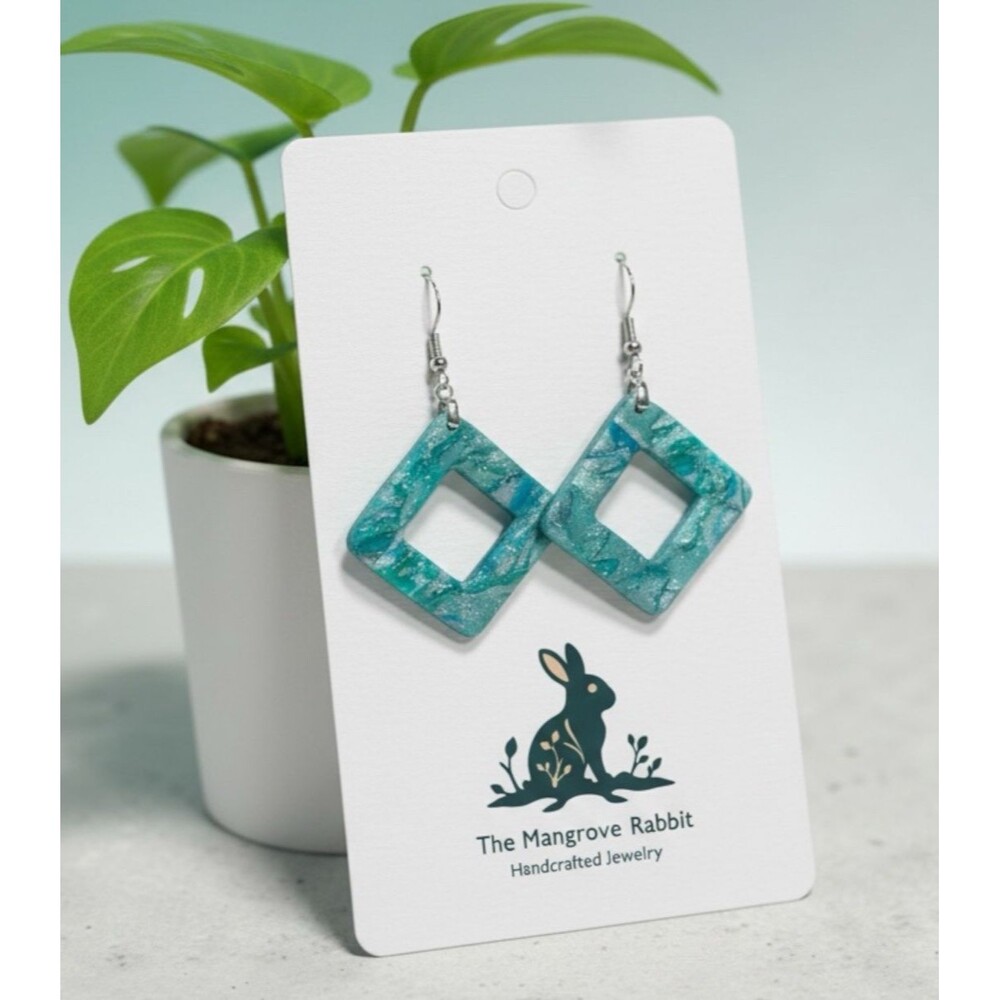 Blue Green & Silver Handmade Dangle Polymer Clay Earrings Stainless Steel Posts